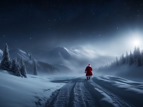 Santa Claus Walking Through Snowy Mountain Night