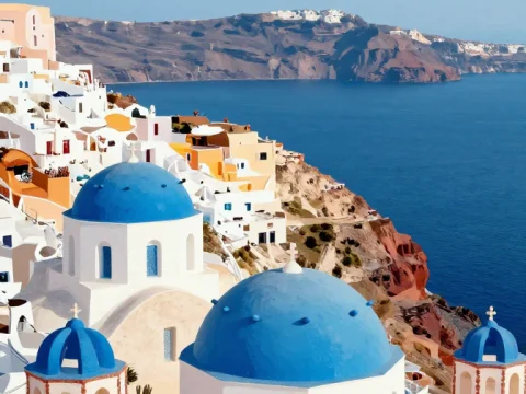 Santorini Oia Cliffside with Blue Domes and Sea View