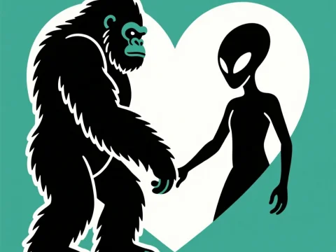 Sasquatch and Alien Holding Hands with Heart Background
