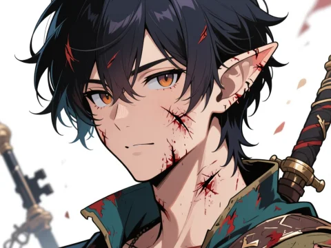 Scarred Elf Warrior with Sword in Anime Style