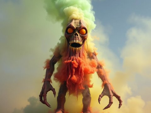 Scary Giant Mefistofeles Emerging from Colored Smoke