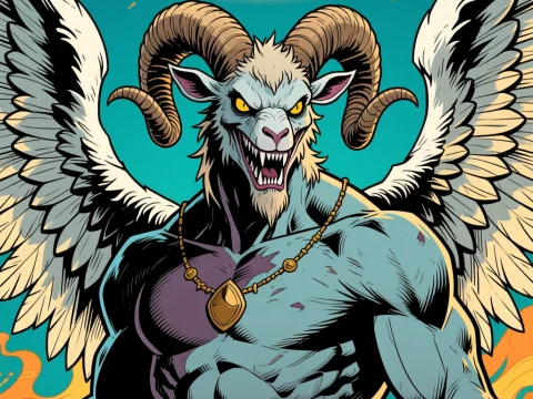 Scary Muscular Caprine Angel with Wings and Halo