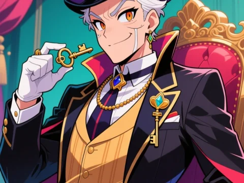 Scheming Politician in Elegant Attire Holding a Key