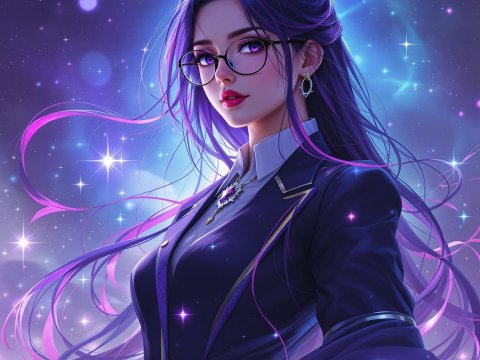Scholarly Woman with Long Purple Hair in a Starry Night