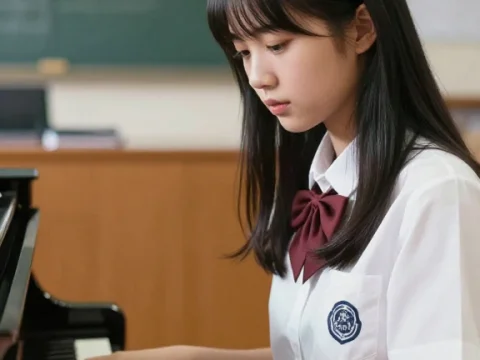 Schoolgirl Playing Piano in Classroom