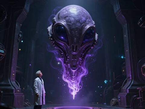 Scientist Observing a Floating Alien Artifact in a Futuristic Lab
