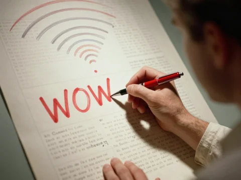 Scientist Writing 'WOW' with Wi-Fi Symbol on Paper