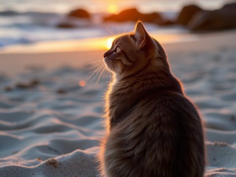 Scottish Fold Cat Sitting on Beach at Sunset
