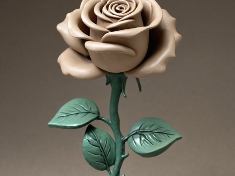 Sculpted Beige Rose with Green Leaves on Neutral Background