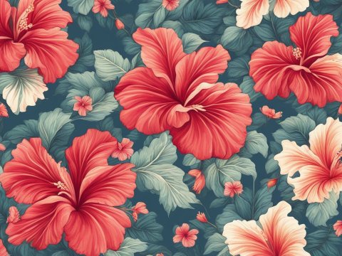 Seamless Hibiscus Floral Pattern with Lush Leaves