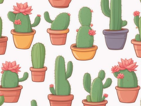 Seamless Pattern of Potted Cacti with Pink Flowers