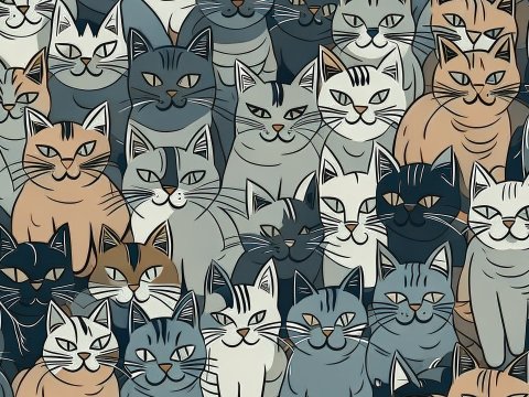 Seamless Pattern of Stylized Cats in Muted Tones