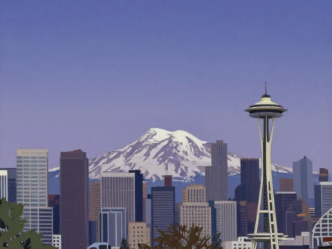 Seattle Cityscape with Mount Rainier in Mid-Century Style