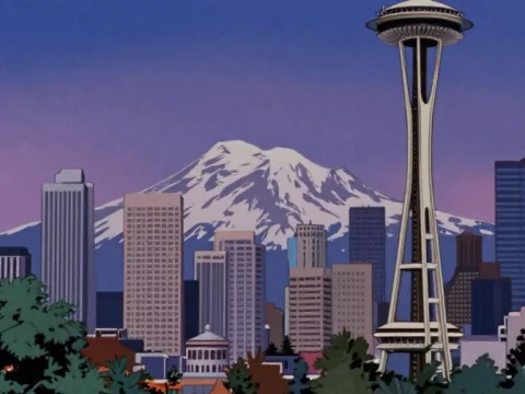 Seattle Cityscape with Space Needle and Mount Rainier at Dusk