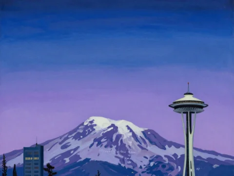 Seattle Landscape with Mount Rainier and Space Needle at Twilight