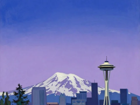 Seattle Skyline with Mount Rainier and Space Needle Illustration