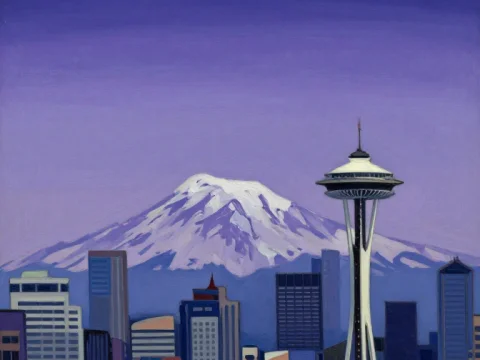 Seattle Skyline with Mount Rainier in Monochromatic Purple
