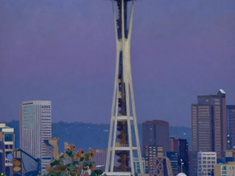 Seattle Space Needle at Dusk in Realistic Painting Style