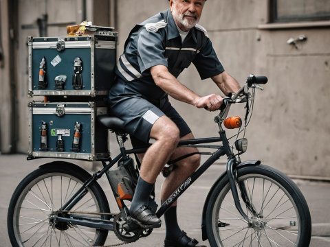 Senior Delivery Man Riding Bicycle with Cargo Boxes