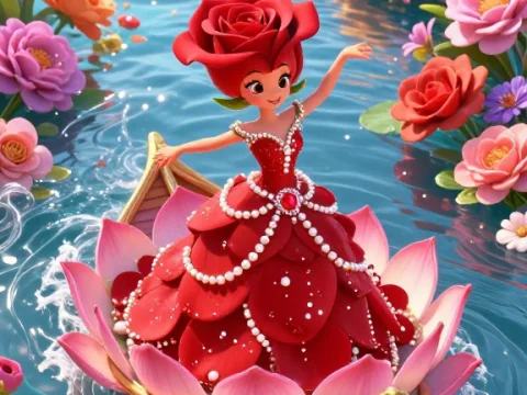 Sentient Rose Girl Sailing Through Floral River