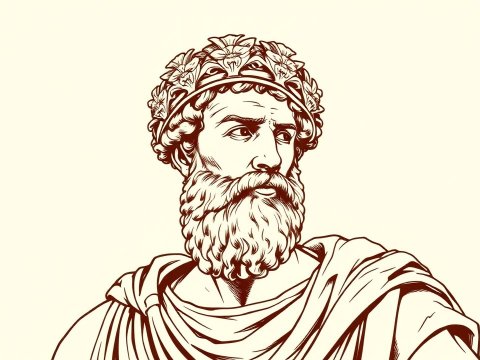 Sepia Toned Illustration of a Bearded Man with Floral Crown