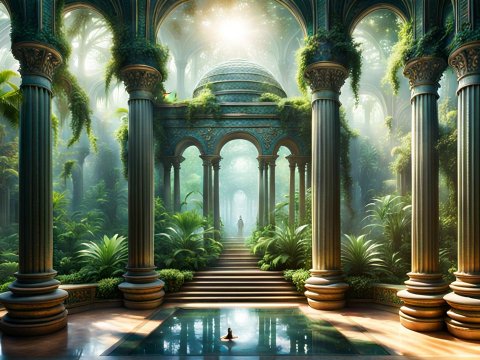 Serene Ancient Garden Temple with Reflecting Pool