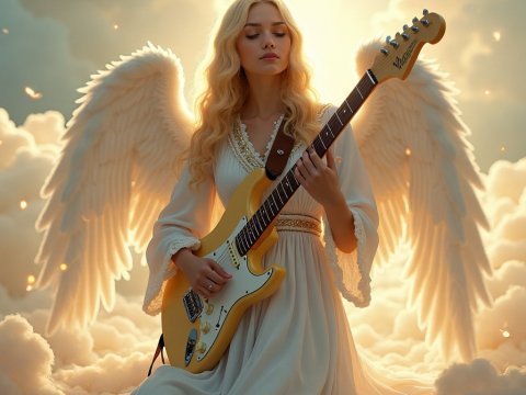Serene Angel Playing Electric Guitar Amidst Clouds