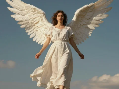 Serene Angel with Majestic White Wings in Flowing Dress