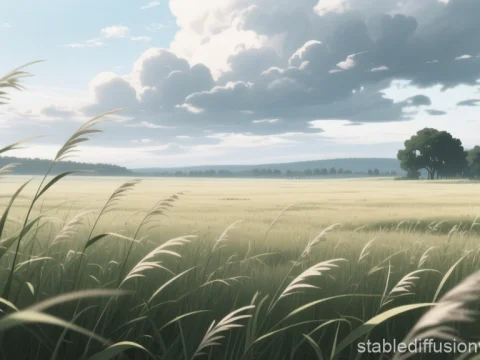 Serene Anime Landscape with Gentle Wind
