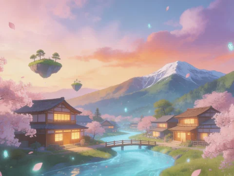 Serene Anime Village with Floating Islands at Sunset