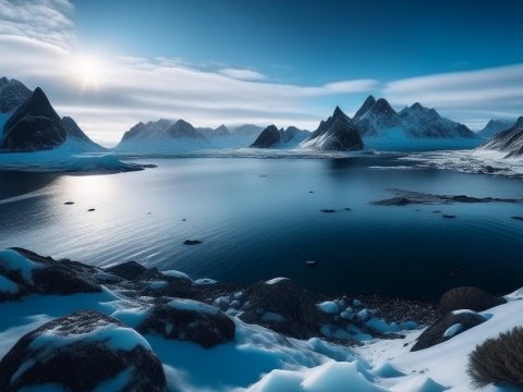 Serene Arctic Landscape with Snow-Covered Mountains and Calm Water