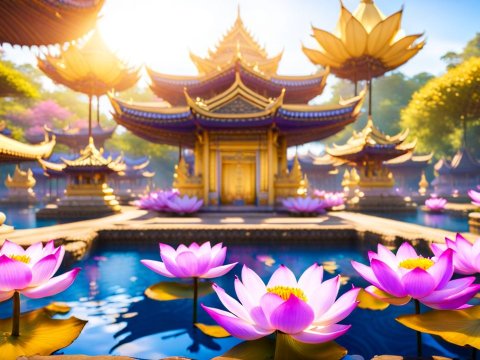 Serene Asian Temple with Vibrant Lotus Flowers at Sunrise