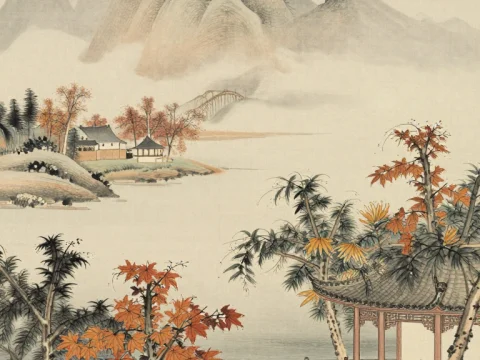 Serene Autumn Courtyard in Traditional Ink Painting