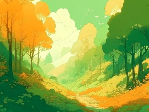 Serene Autumn Forest Path in Soft Anime Style