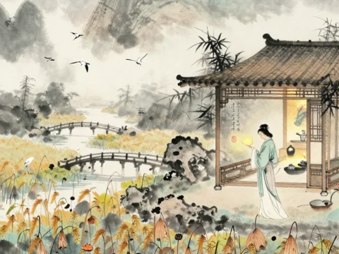 Serene Autumn Ink Landscape with Pavilion and Lotus Pond