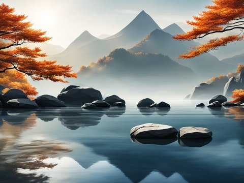 Serene Autumn Landscape with Misty Mountains and Reflective Lake