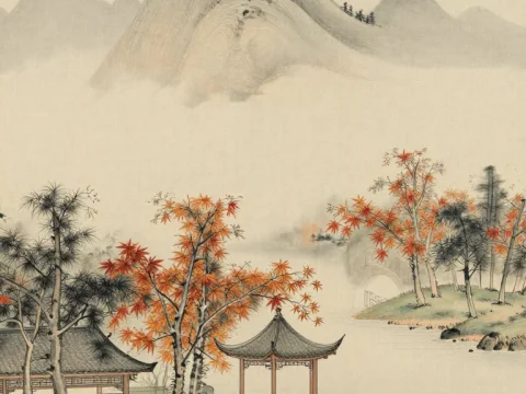 Serene Autumn Landscape with Traditional Pavilion and Mountains