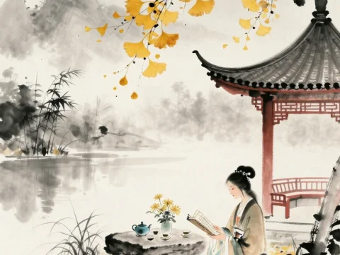 Serene Autumn Reading by the Pavilion in Zen Ink Wash Style