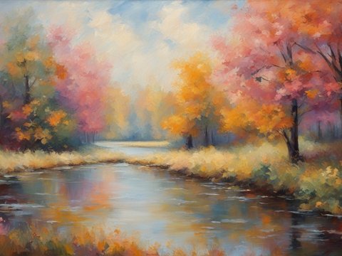 Serene Autumn River Landscape Painting