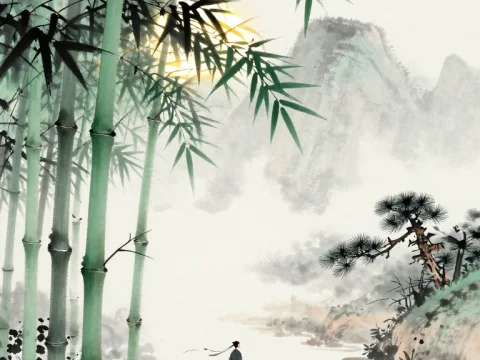 Serene Bamboo Forest with Lone Figure by the River