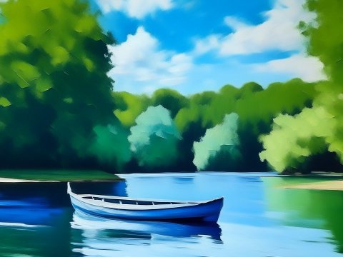 Serene Boat on a Tranquil Lake with Lush Green Trees