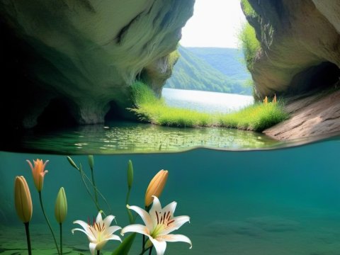 Serene Cave Lake with Lilies Underwater