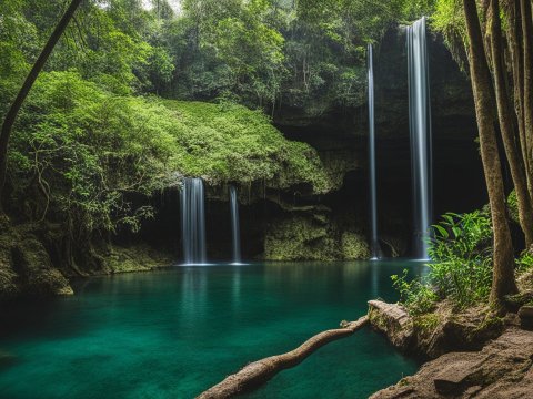 Serene Cenote with Waterfalls and Lush Greenery