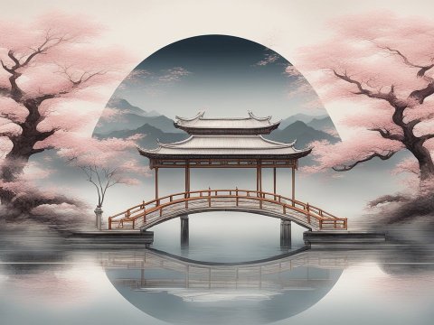 Serene Chinese Landscape with Traditional Bridge and Cherry Blossoms