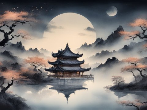 Serene Chinese Pavilion by Moonlit Lake