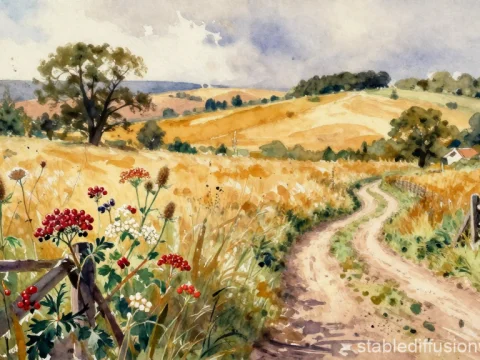 Serene Countryside Path in Watercolor