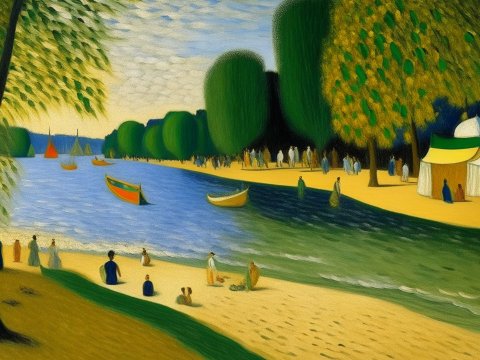 Serene Danube Beach with Boats and People