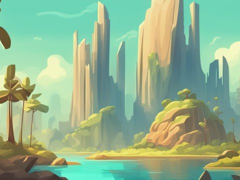 Serene Fantasy Landscape with Towering Rock Formations