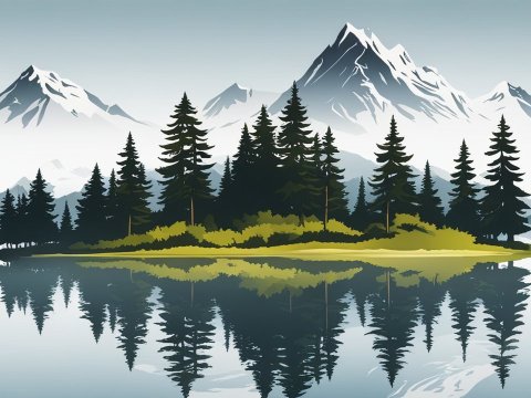 Serene Fir Forest Island with Mountain Reflection
