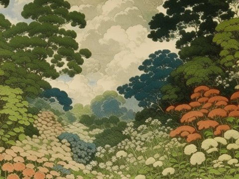 Serene Floral Landscape with Lush Trees and Clouds